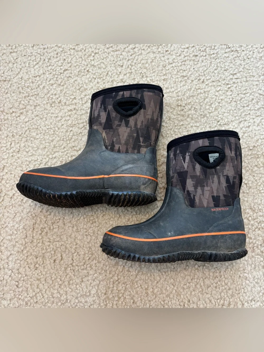 Kids Waterproof Rain Boots in Charcoal with Orange Trim Size 11